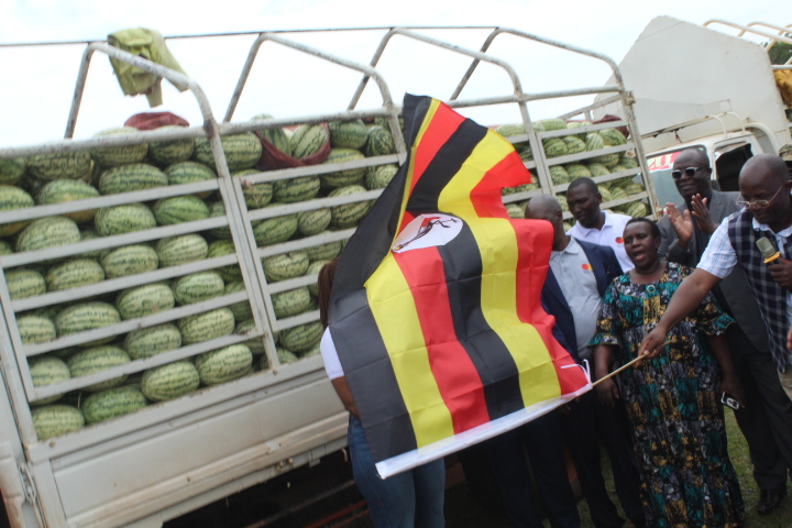 State Minister for Agriculture Bwino Kyakulaga flags lorries of watermelon and tomatoes to the market